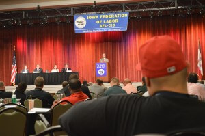 Union members listen to Webb's speech