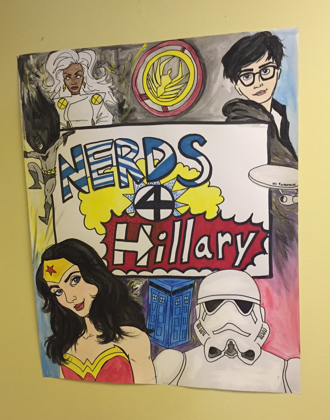 "Nerds for Hillary" by the office's resident artist