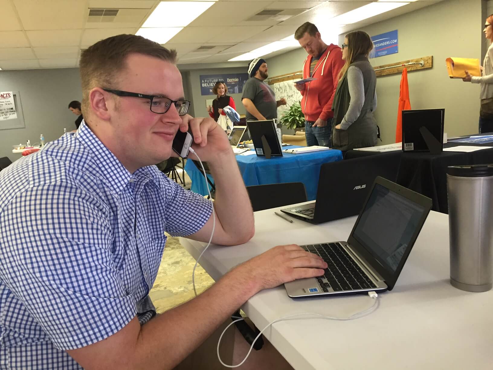 A first-time phone caller in Sanders' Omaha office