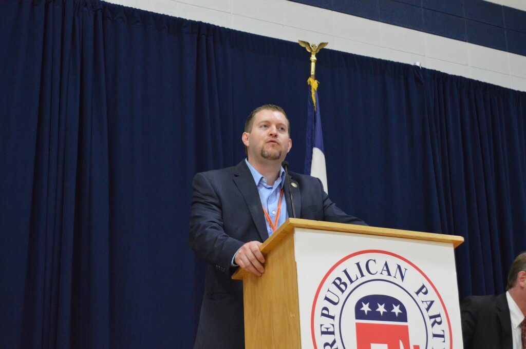 Cruz endorser State Senator Jake Chapman speaks to the crowd, is later elected